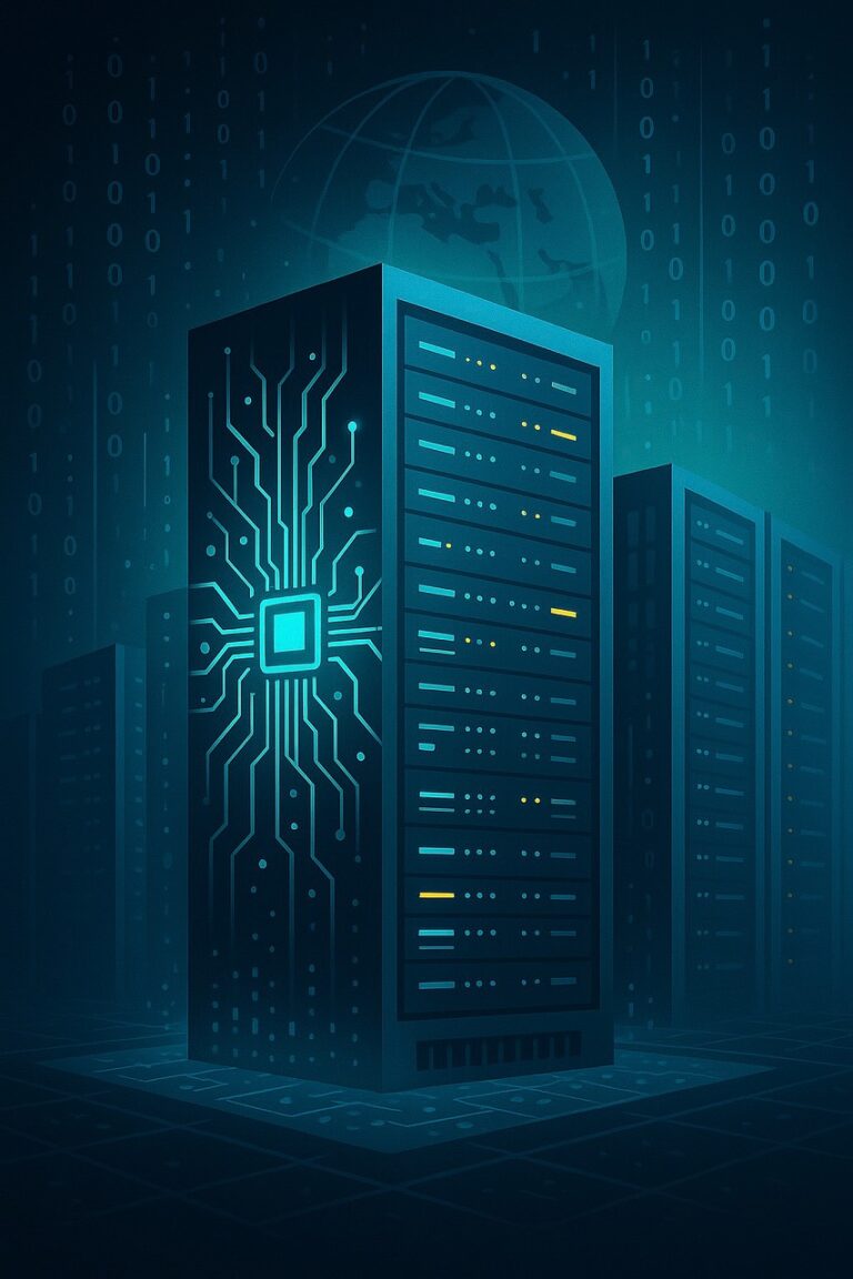 superpočítač, datové centrum, abstraktní ilustrace, technologický koncept, futuristický server, digitální infrastruktura, žhavící obvody, vysoce výkonná výpočetní technika, hpc, tyrkysově modrá paleta, kybernetické technologie, pokročilé výpočetní techniky, inovace, technologie blízkého východu, globální síť, umělá inteligence, abstraktní technické umění, sci-fi serverovna, moderní digitální systémy, ai generované