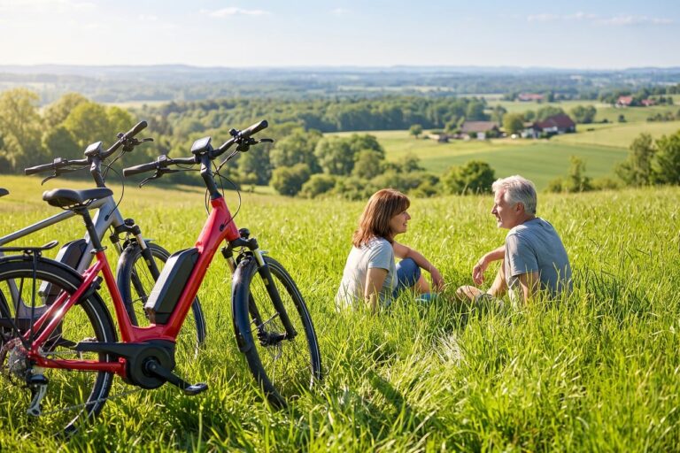 e-kolo, pár, venkov, příroda, relaxace, krajina, léto, tráva, aktivní, volný čas, cestování, cyklistika, cyklotúra, kopce, senioři, životní styl, idyllický, štěstí, pohoda, kolo